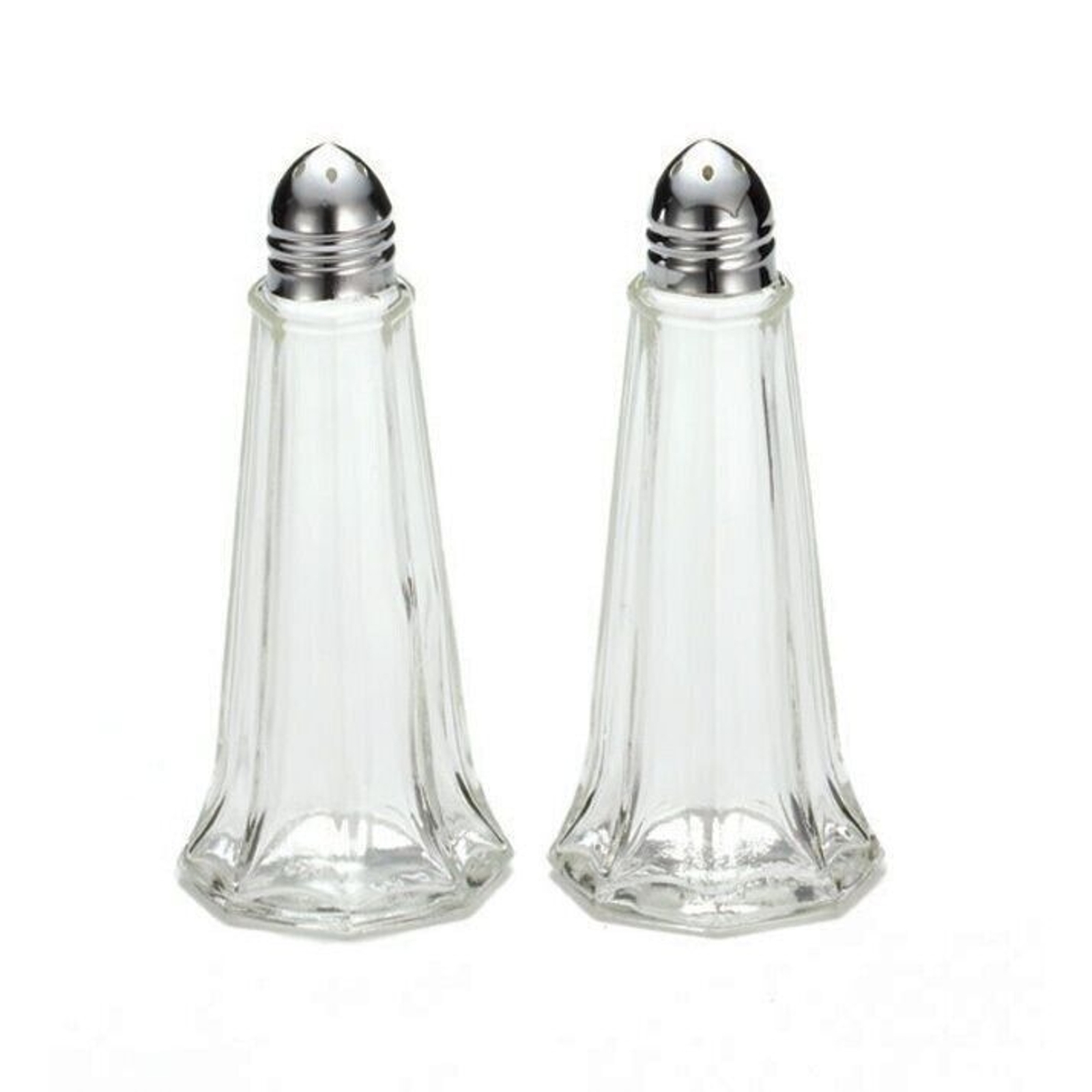 Eiffel Tower Shape Salt Pepper Shakers Stainless Steel Caps Clear Glass 4.5 inch