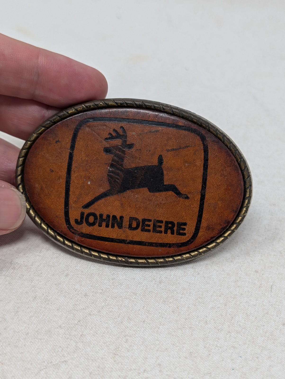 John Deere Leaping Deer Trademark Logo Brass Leather Belt Buckle RJ Maker