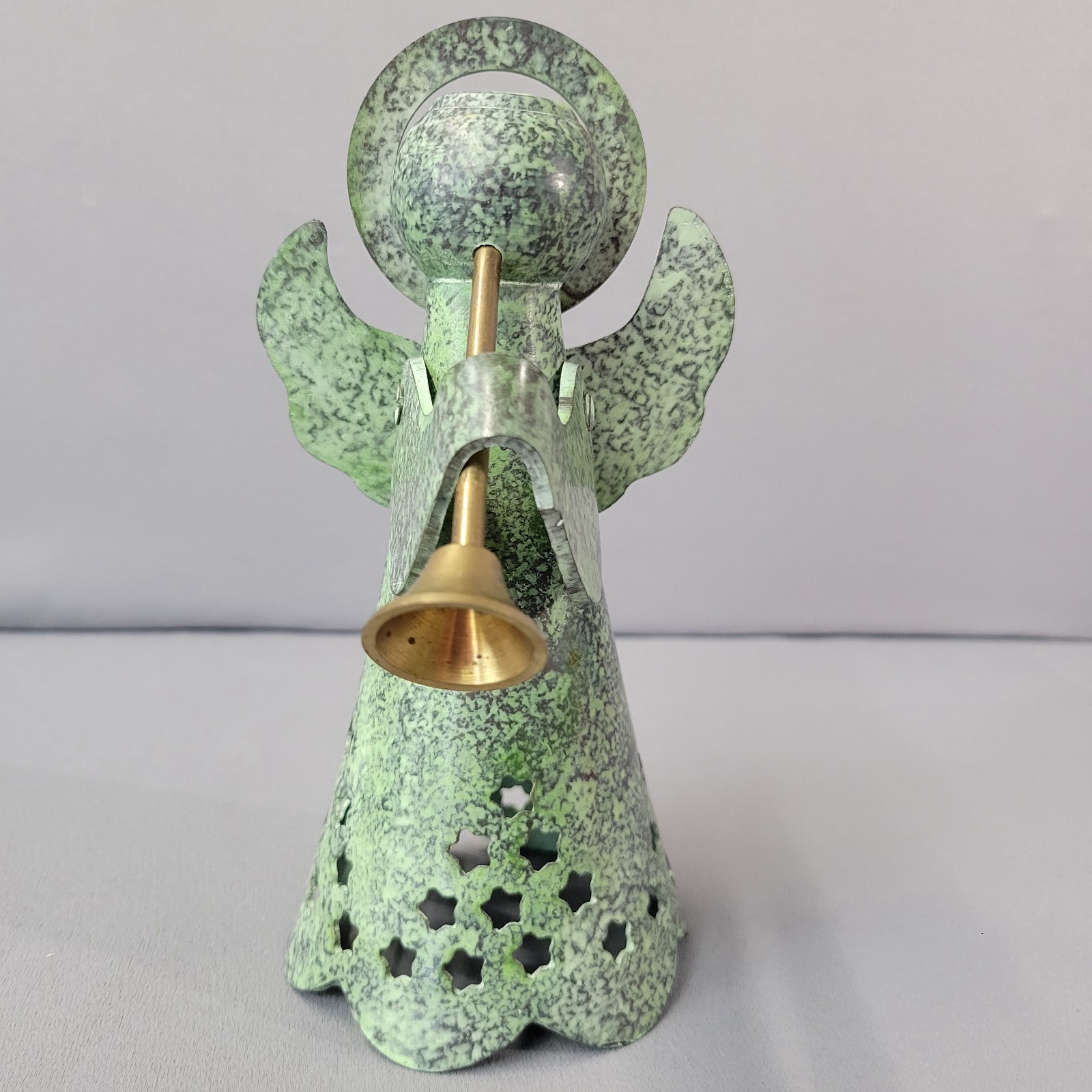Hand Archana Crafts Angel Horn Cast Metal Taper Candle Holder Green 7.25″ Tall