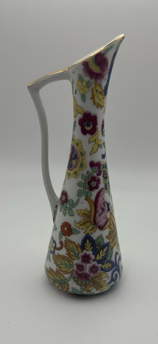 Lefton Paisley Fantasia Porcelain Handled Ewer pitcher Vase 5.5” tall sticker