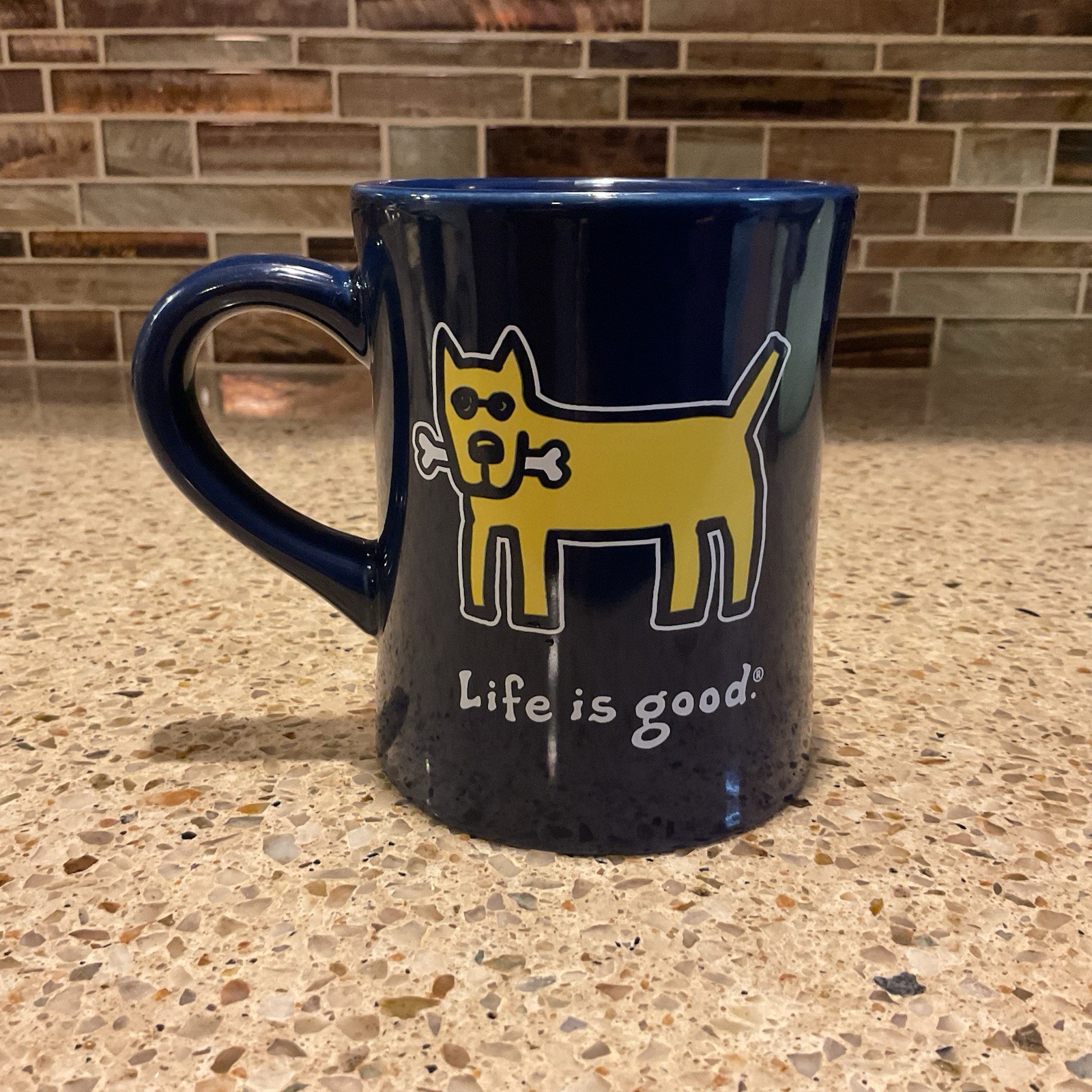 Life Is Good Coffee Mug Cup 14 Oz. Yellow Dog With Bone Navy Blue 4.5”