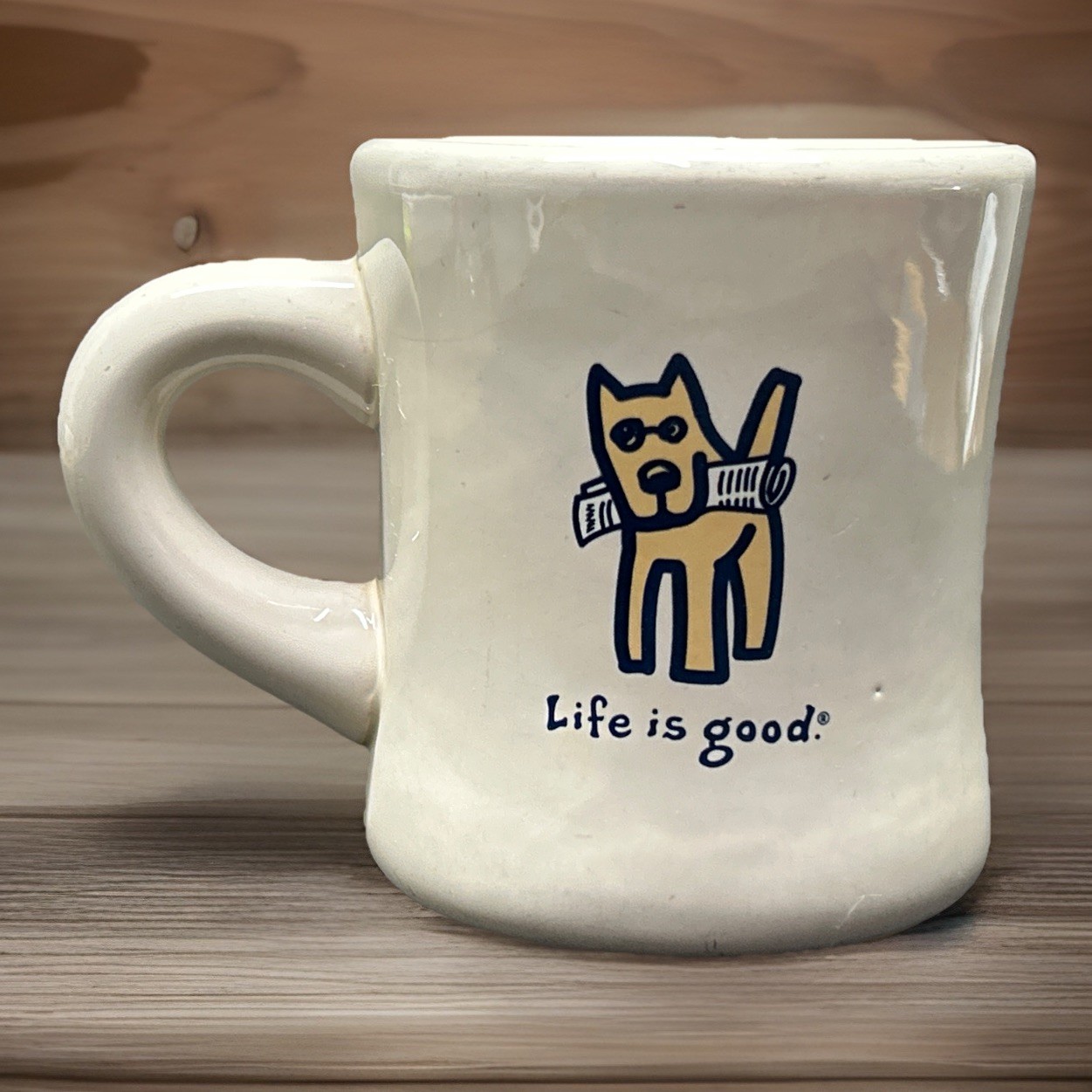 Life Is Good Diner Restaurant 10 oz Coffee Mug Cup Dog w Sunglasses Newspaper