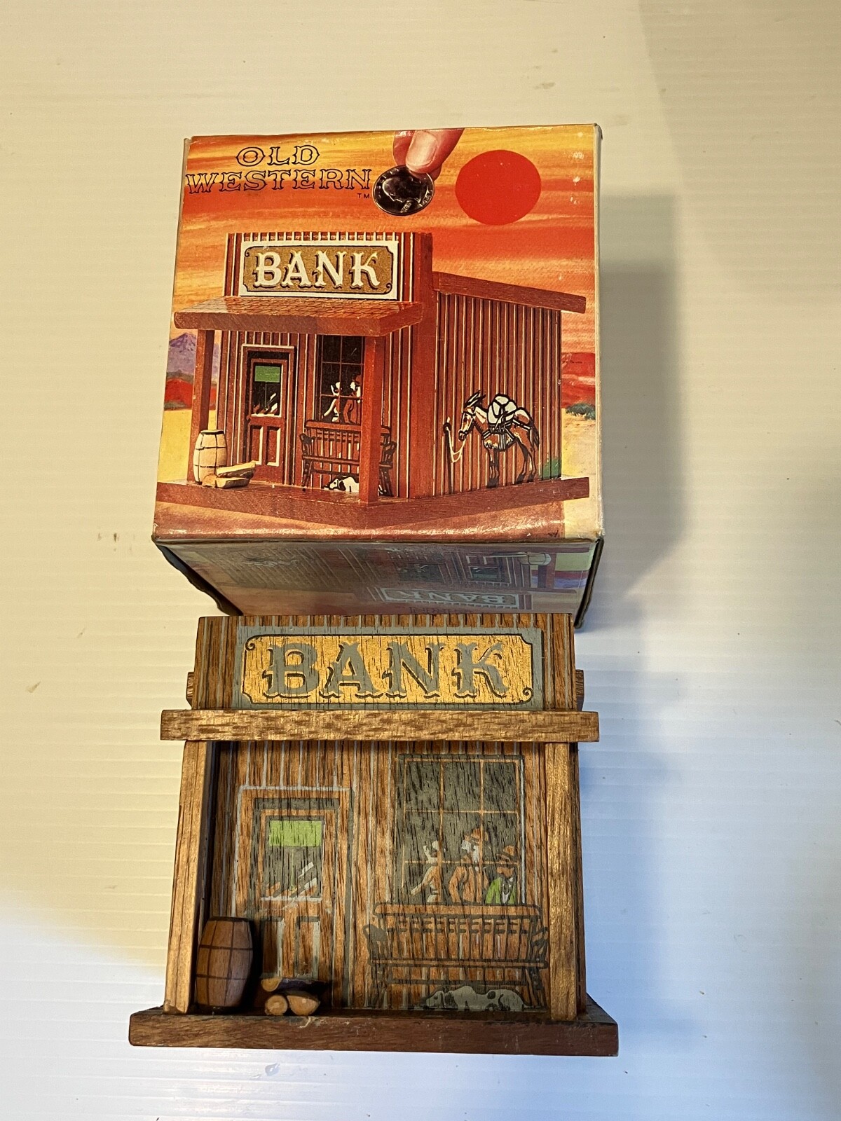 Old Western Coin Saving Wooden Painted Bank 1980 Old West Vintage New in Box