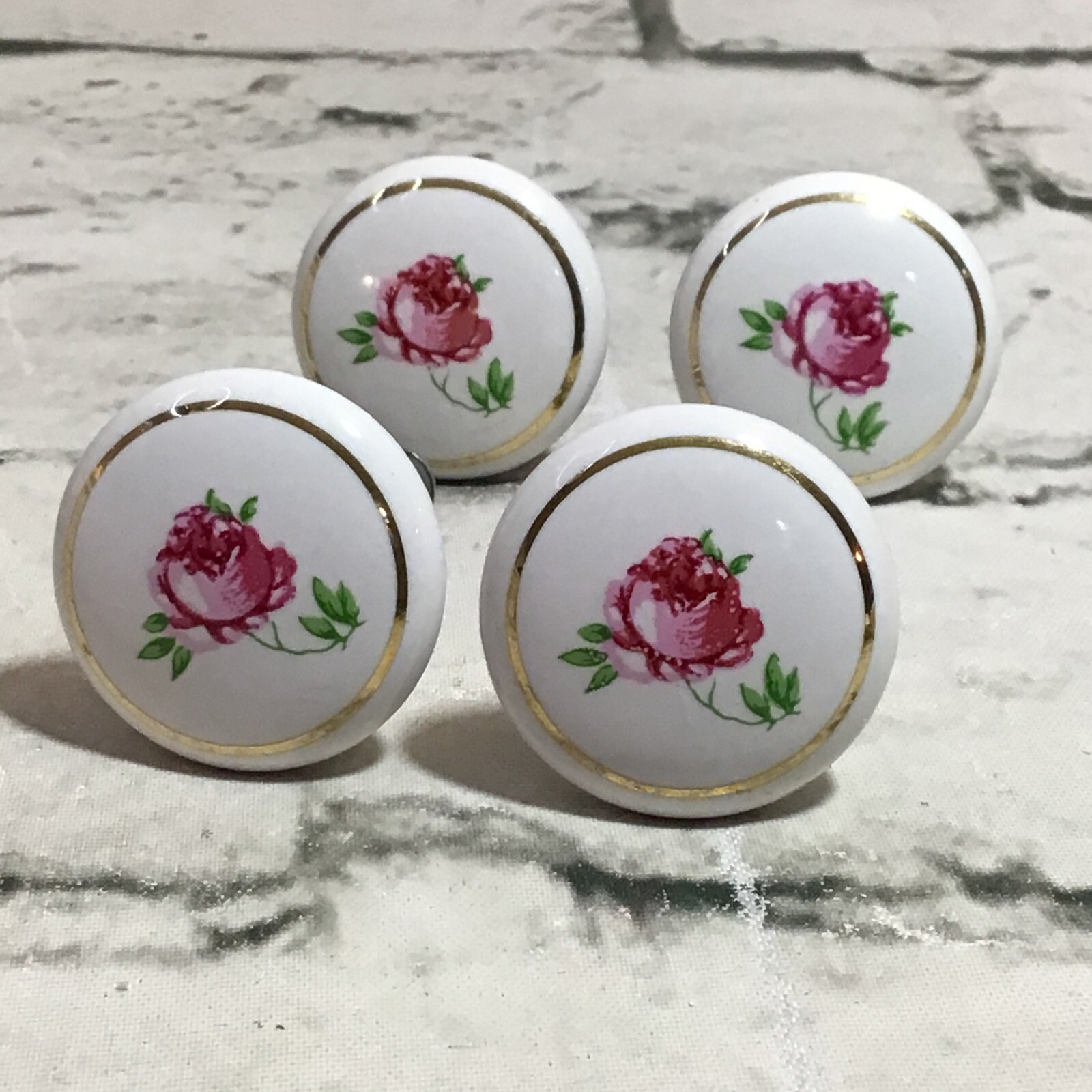 Vintage Drawer Pulls 1.25” Round Ceramic Pink Floral Flowers Knobs Lot Of 4