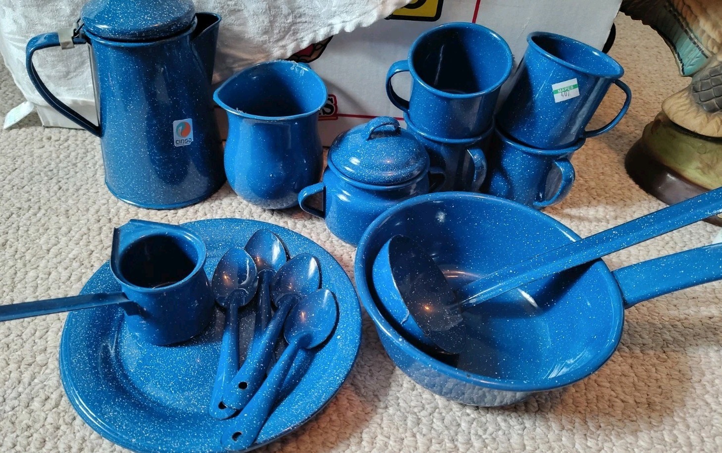 18 pc Vintage Blue and White Speckled Enamel Ware