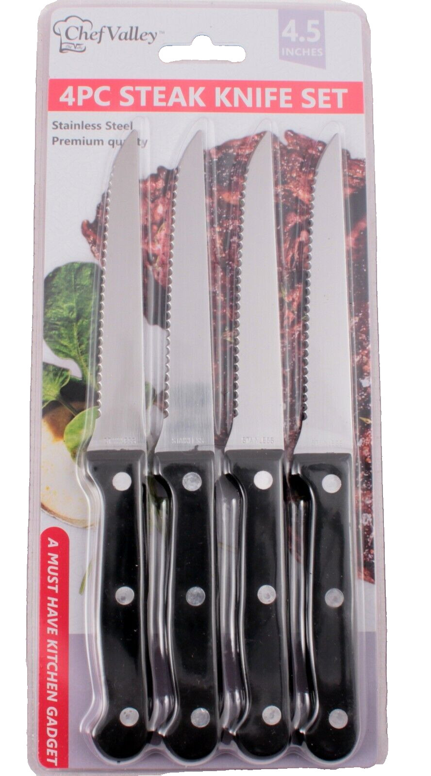 4 Piece Steak Knife Set Stainless Steel Serrated Blade 4.5 Inches New in Package