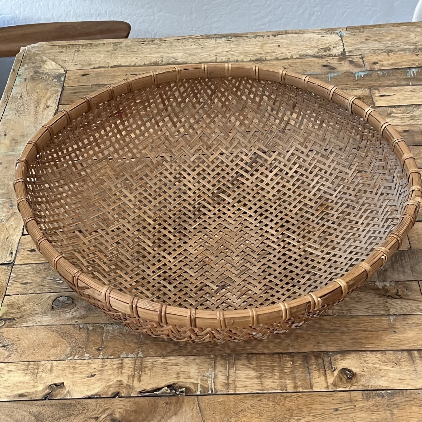 Vintage Hand Woven Delicate Woven Bottom Wicker Winnowing Basket 17″