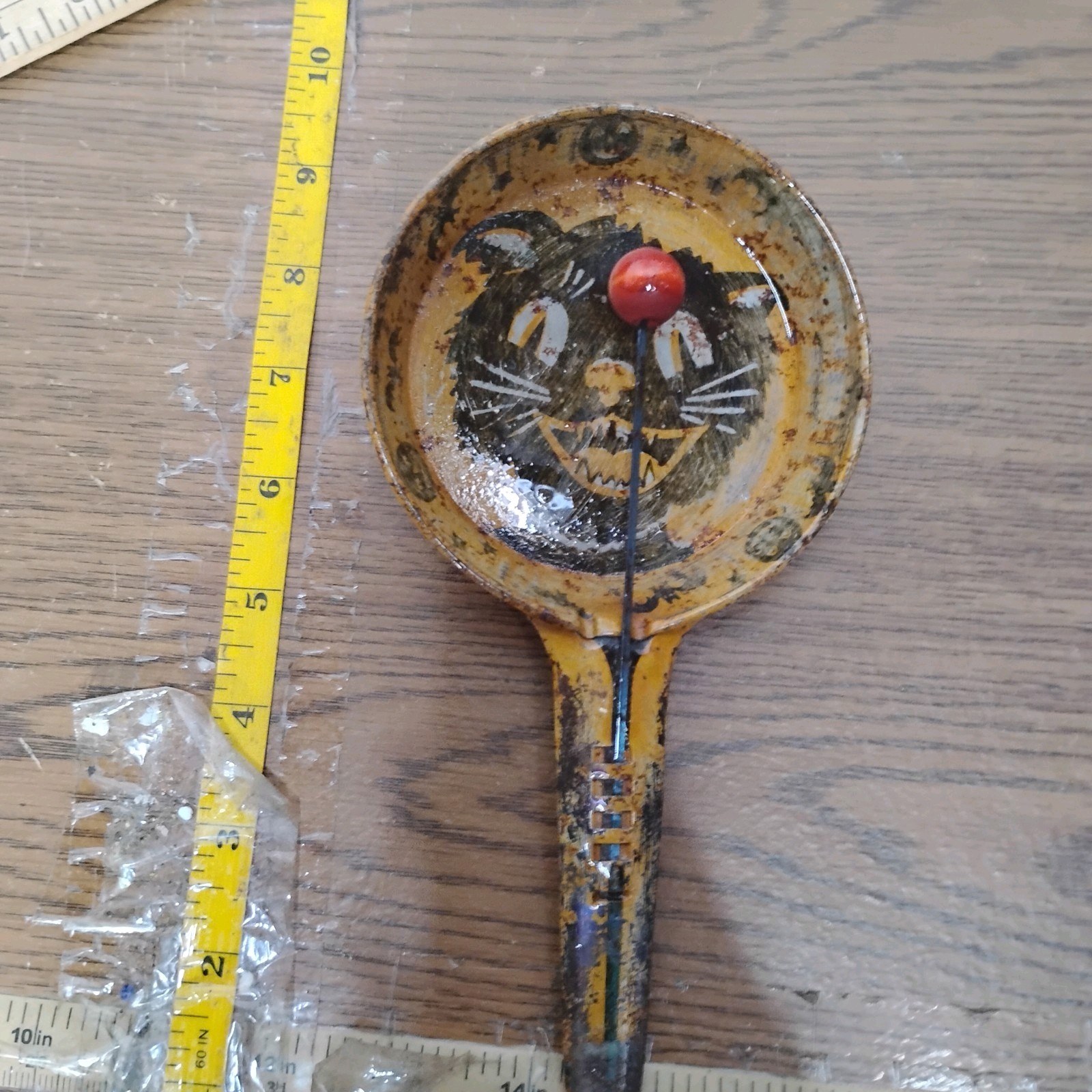Antique US Metal Toy Halloween Tin Noisemaker Orange 🍊 Black Cat Owl 1950s B14