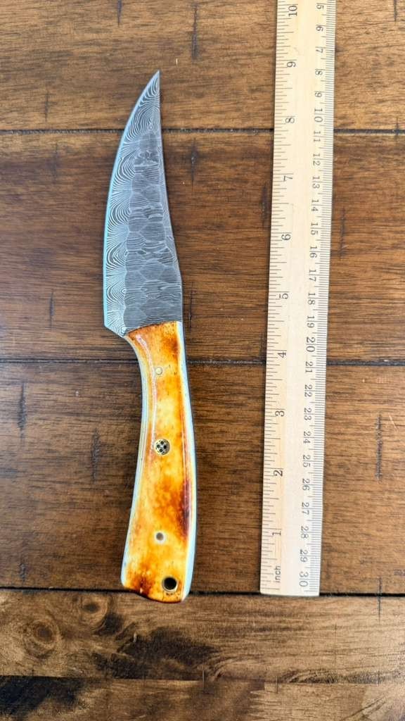 9″ CUSTOM HANDMADE HAMMERED DAMASCUS BURNT BONE HANDLE KNIFE W/ LEATHER SHEATH