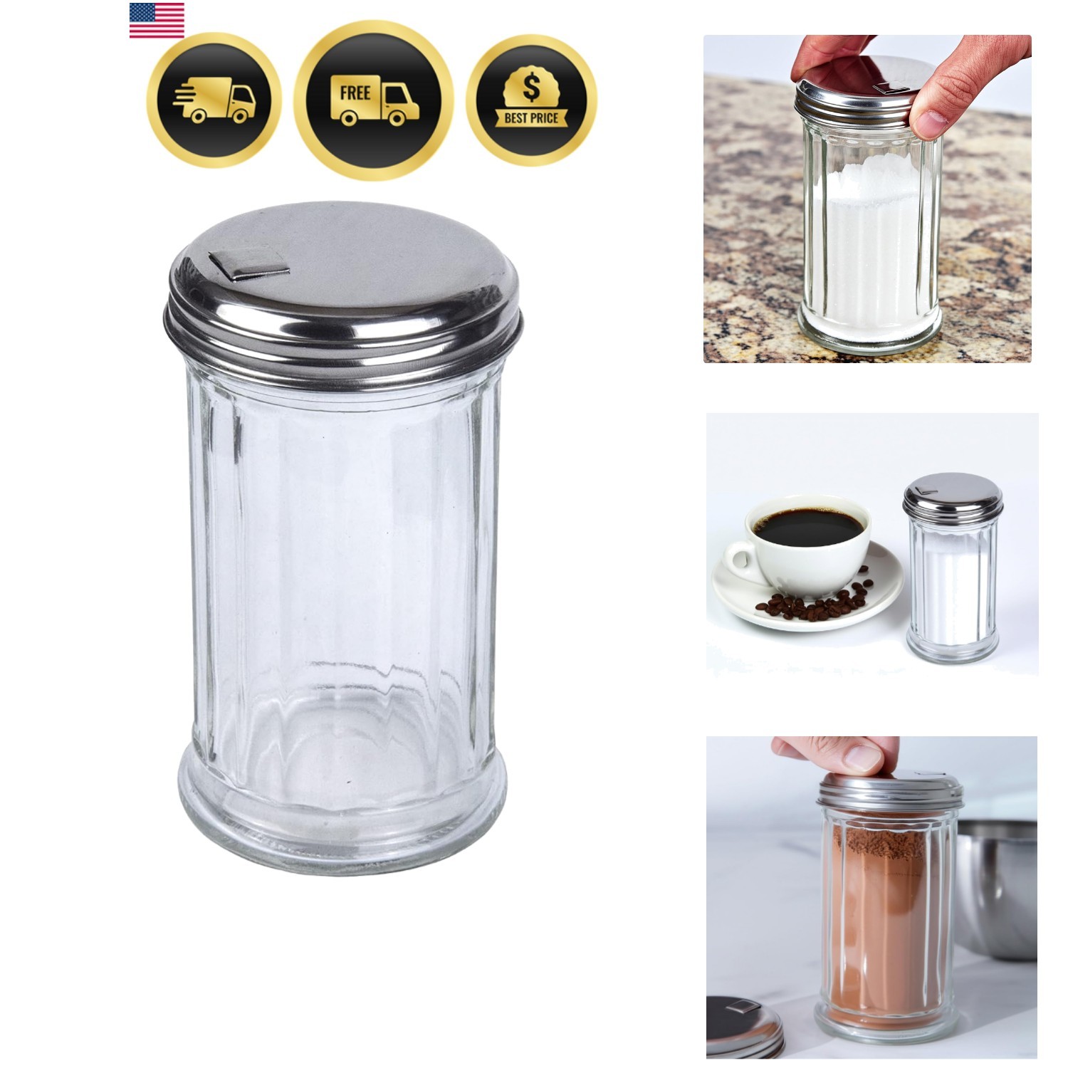 Glass Sugar Shaker Dispenser Pourer, 5.5 inch | Clear glass shaker bottle wit…