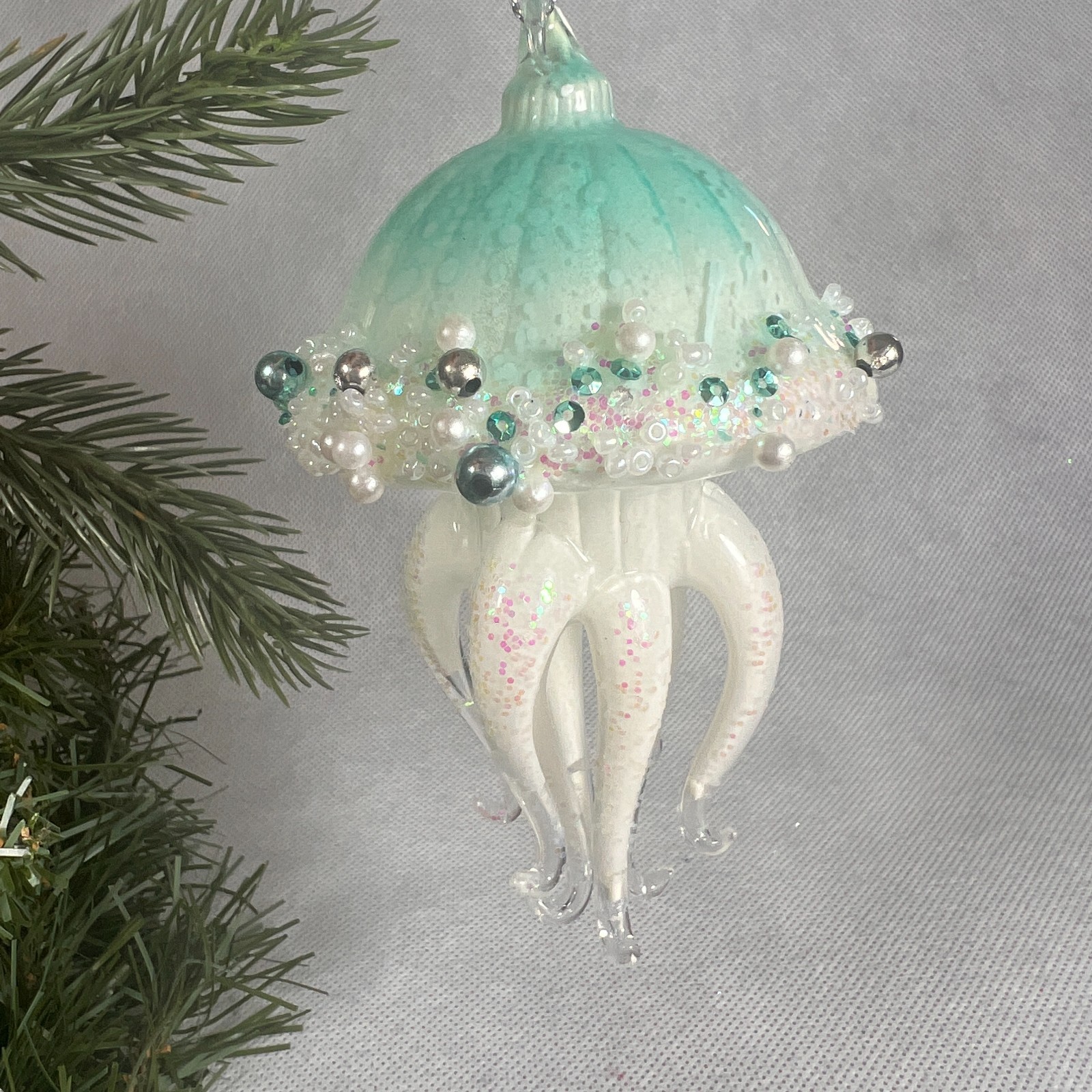 Kurt Adler Luminosity Glow In the Dark Glass Jellyfish Ornament T3732 Nautical