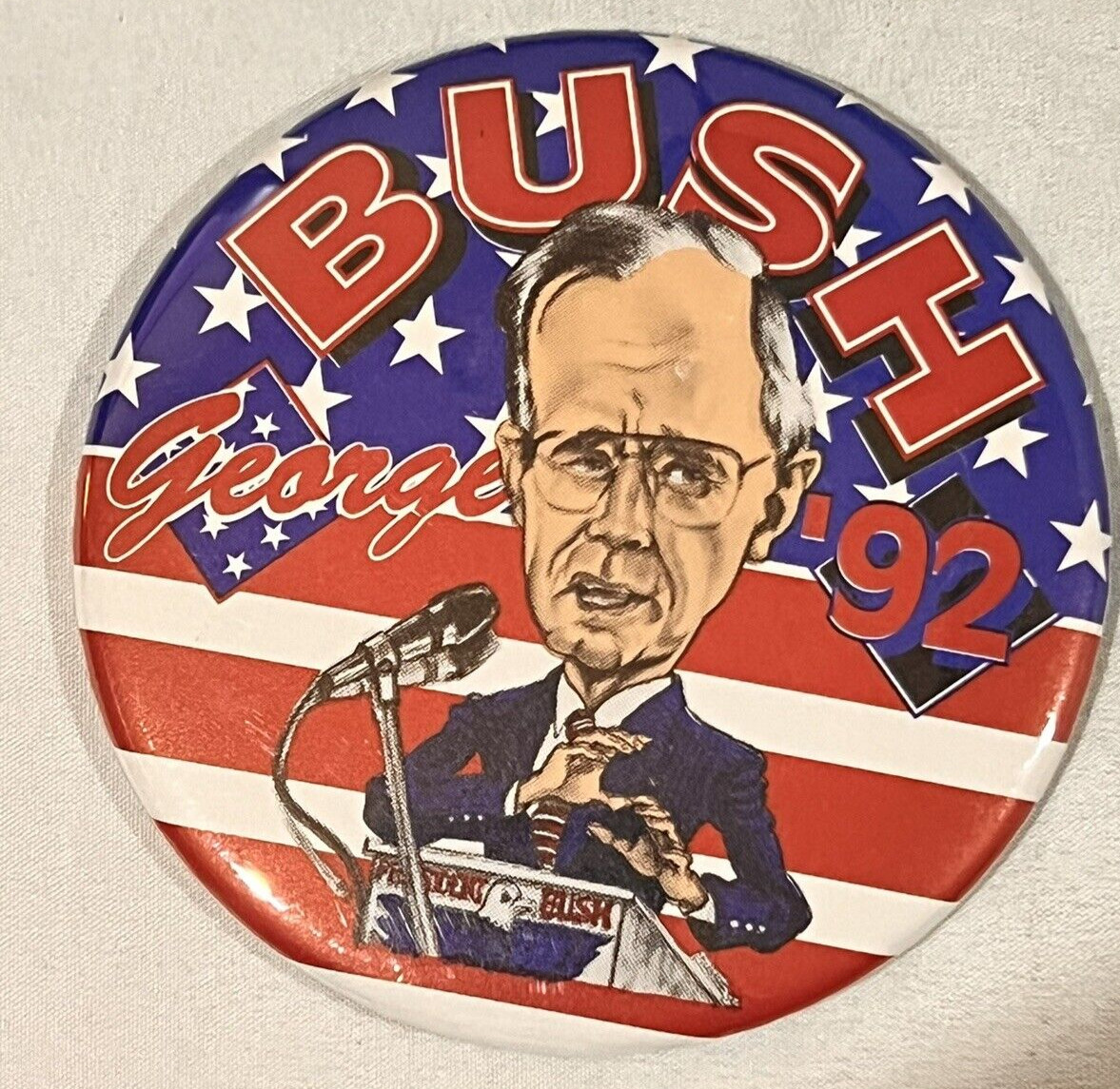 George Bush ‘92 Presidential Election Campaign Button Pin Cartoon Style 3.5”