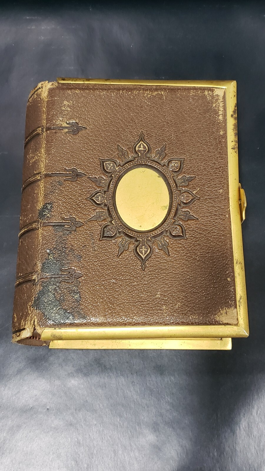 Antique Brass Leather Bound Photo Album with 13 Photos
