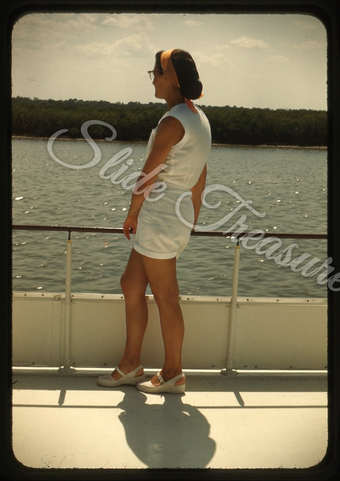Pretty Woman Boat Fashion Glasses 35mm Slide 1950s Red Border Kodachrome