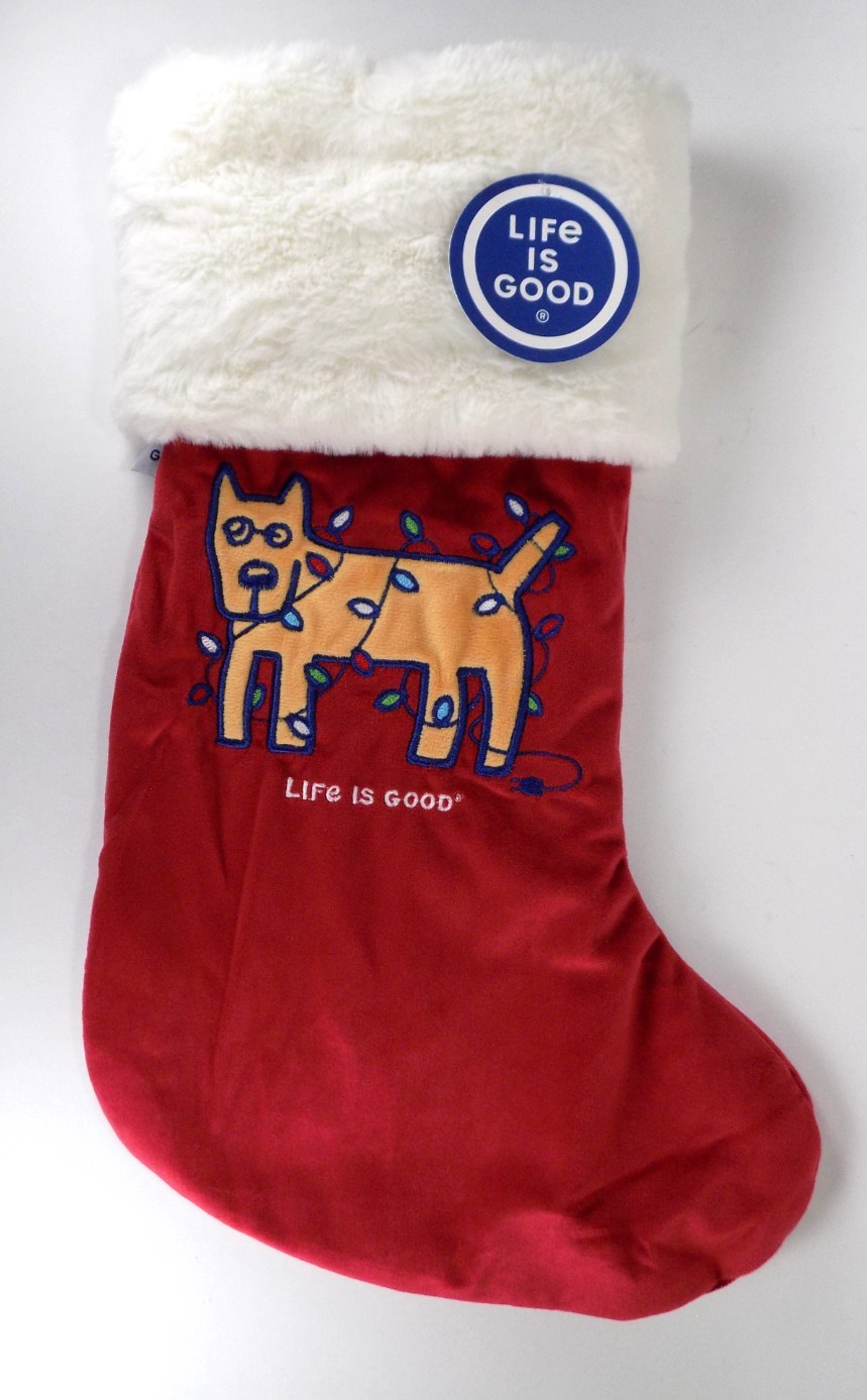 Life is Good Christmas Stocking Dog Wrapped in Lights Red Soft NWT