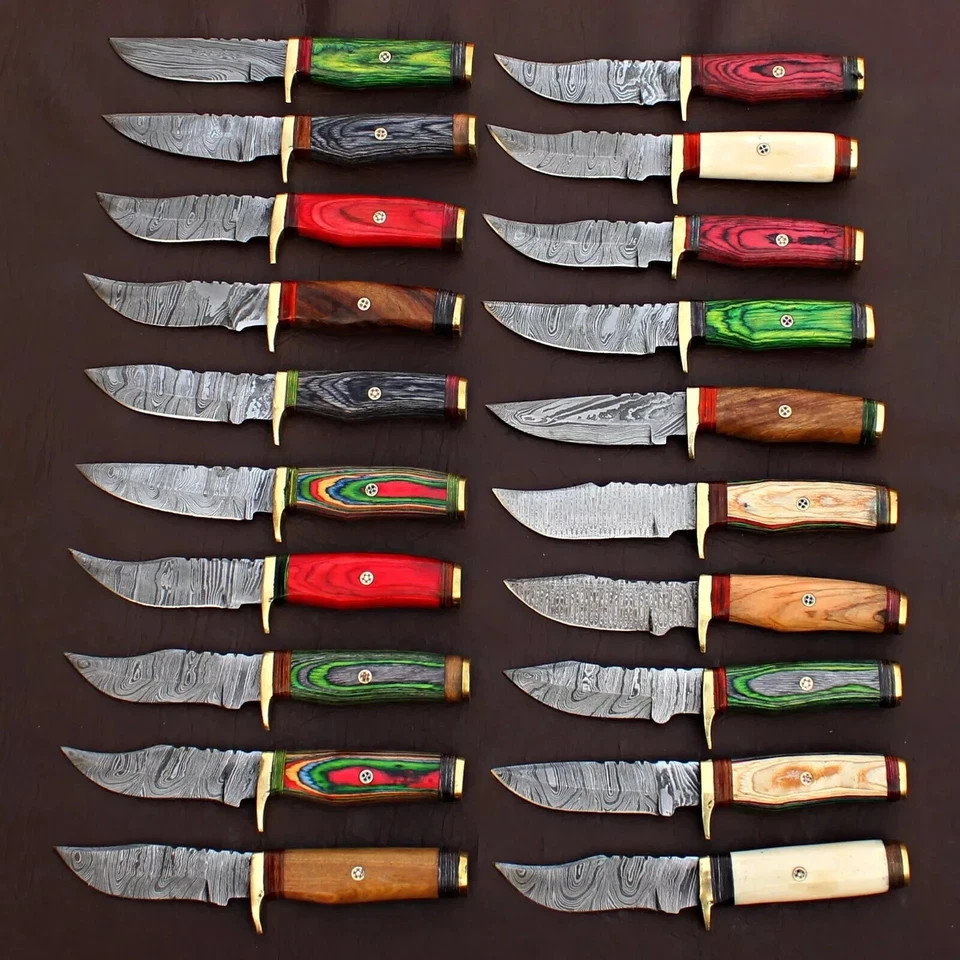 Lot of 20 Pcs Damascus Steel Handmade 8” Skinner Hunting Knives W/Sheaths USA