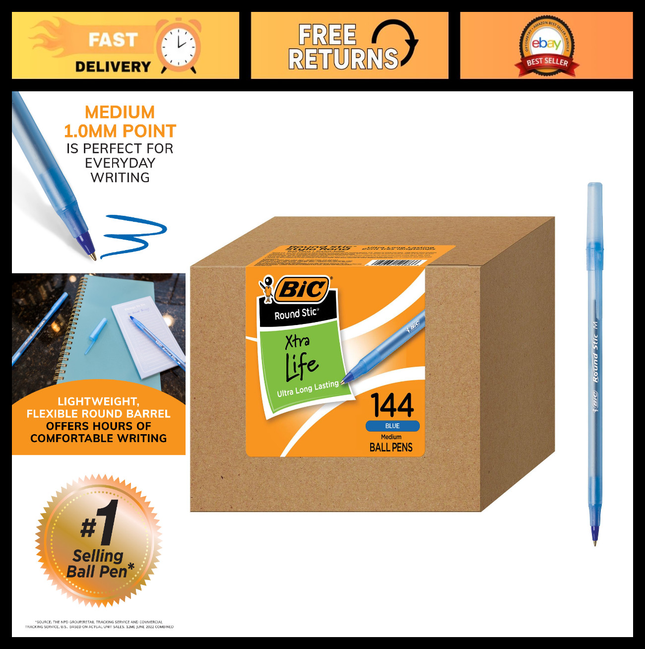 144-Count Blue Ballpoint Pens, Medium Point 1.0mm, Comfortable Grip, Bulk Writin