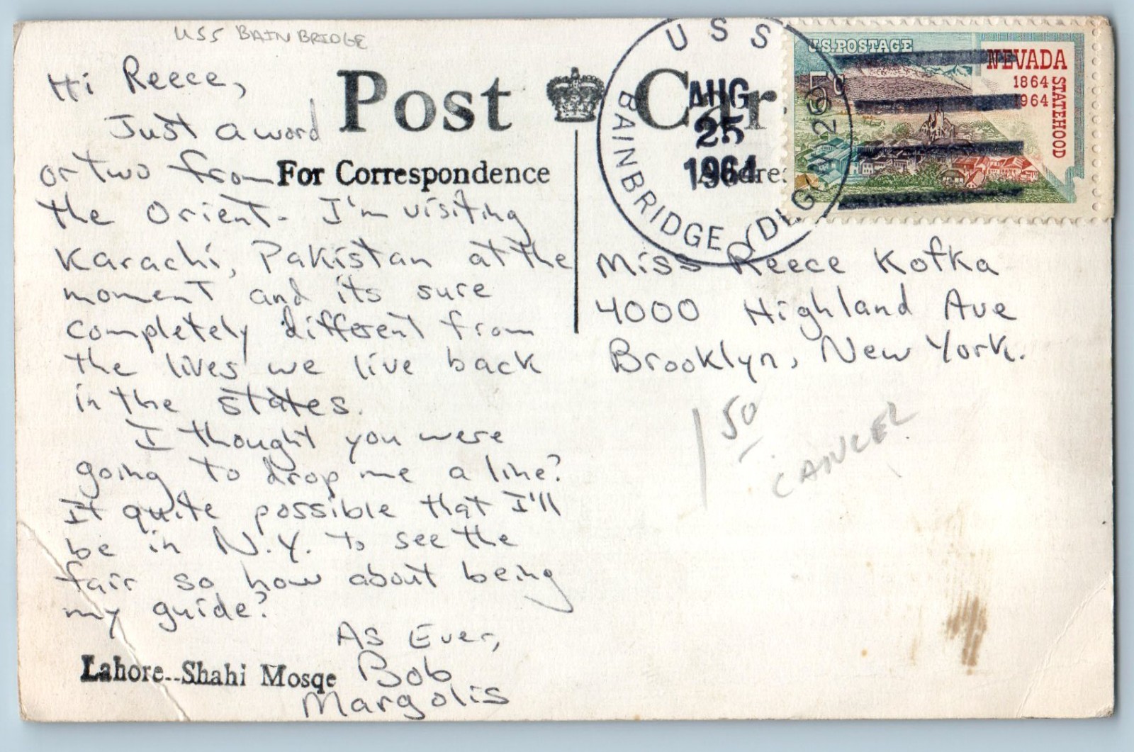 Lahore Pakistan Postcard Shahi Mosque USS Bainbridge DLG(N) 25) 1964 RPPC Photo