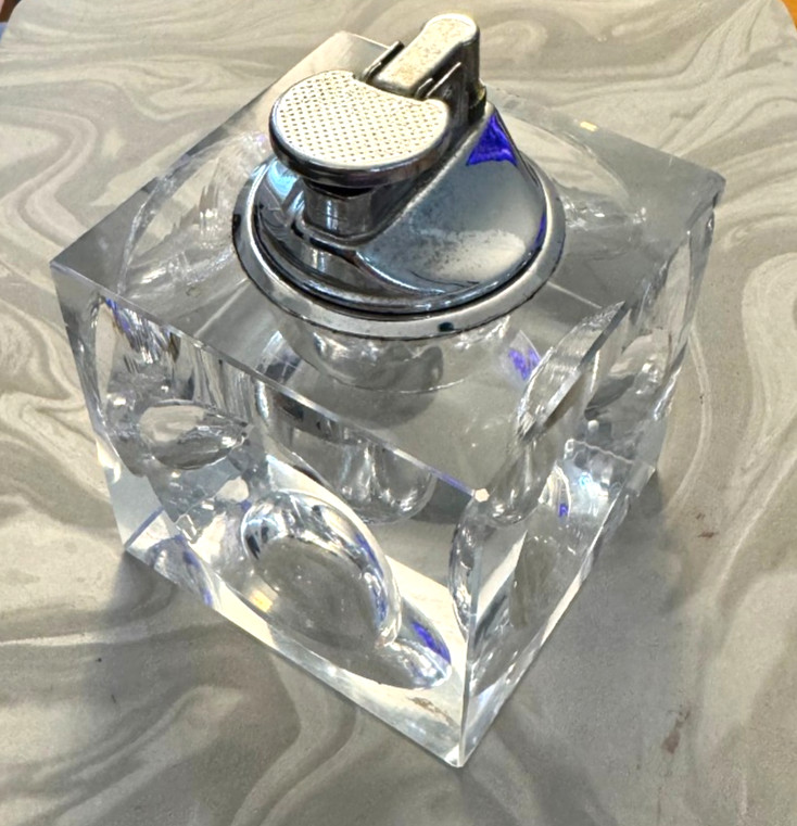 Vintage Glass Ice Cube Table Lighter Push Dn Works MCM Japan Art Deco