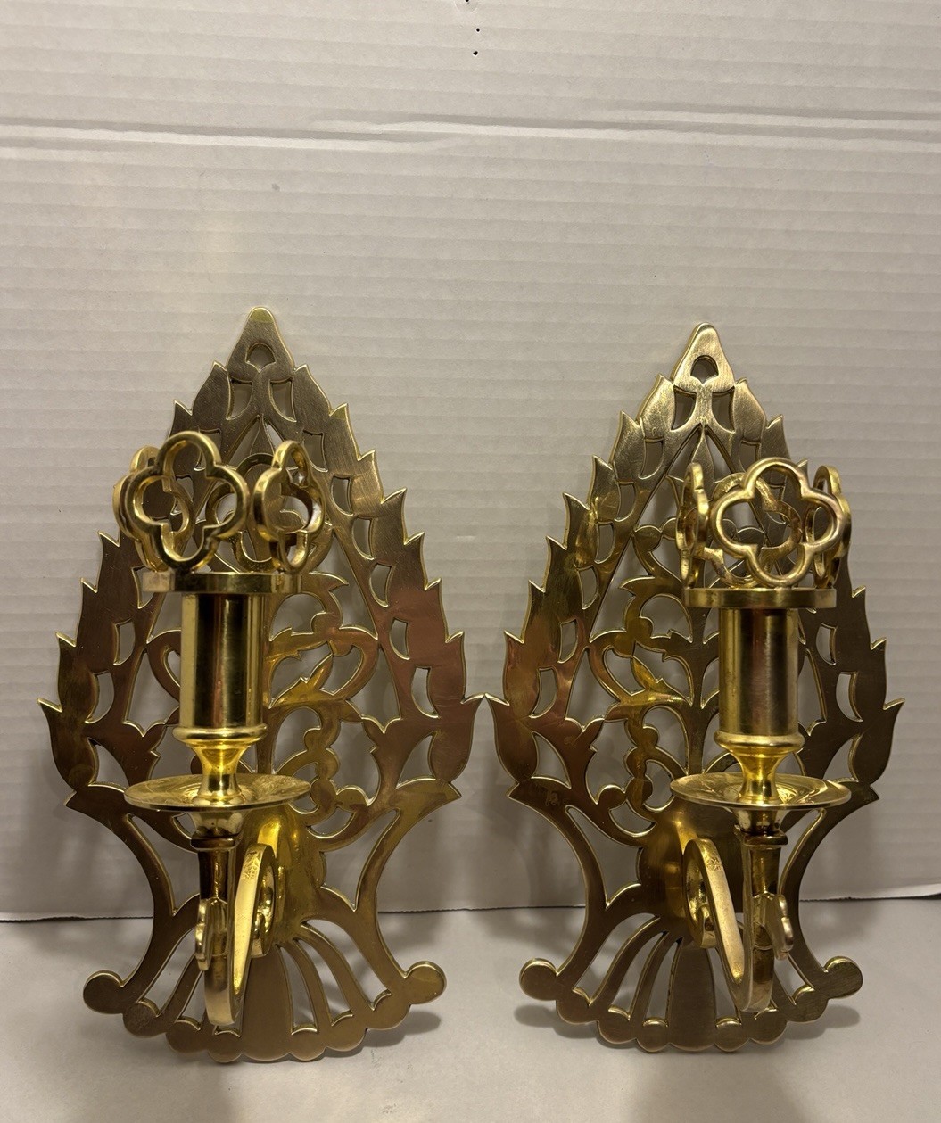 Vintage Baldwin Solid Polished Brass Gothic Candle Sconces Wall Decor Large