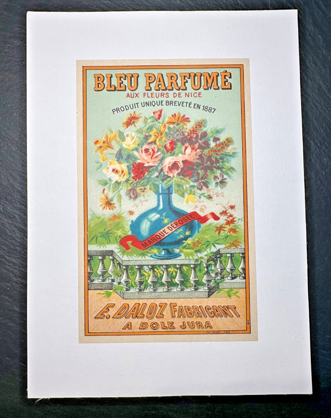 1930’s BLEU PARFUME AUX FLEURS DE NICE COLORFUL ADVERTISEMENT, MOUNTED FP124