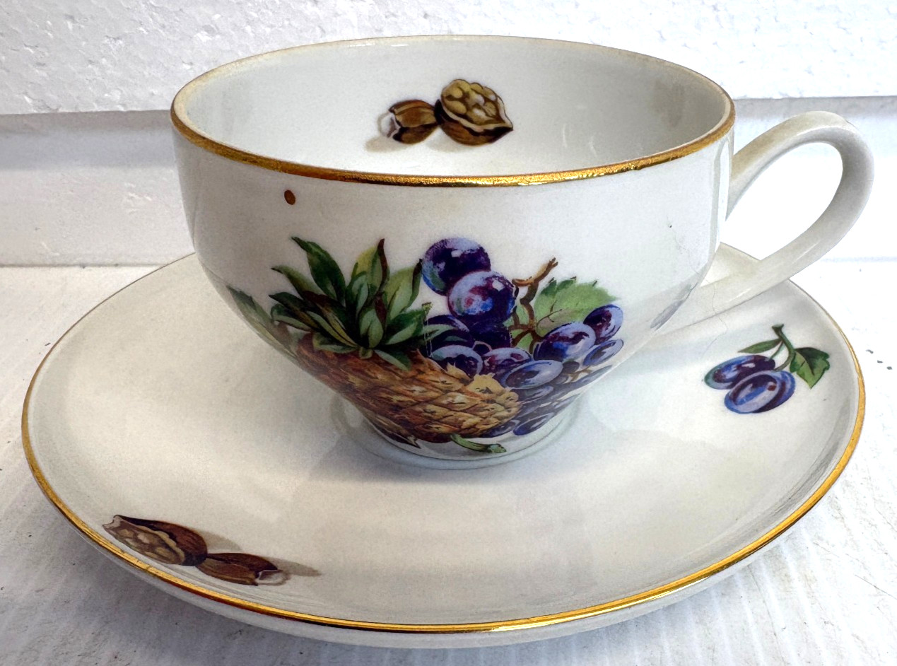 Toscport Czechoslovakia Fine China Tea Cup Saucer Set Pineapple/Blueberry Gold