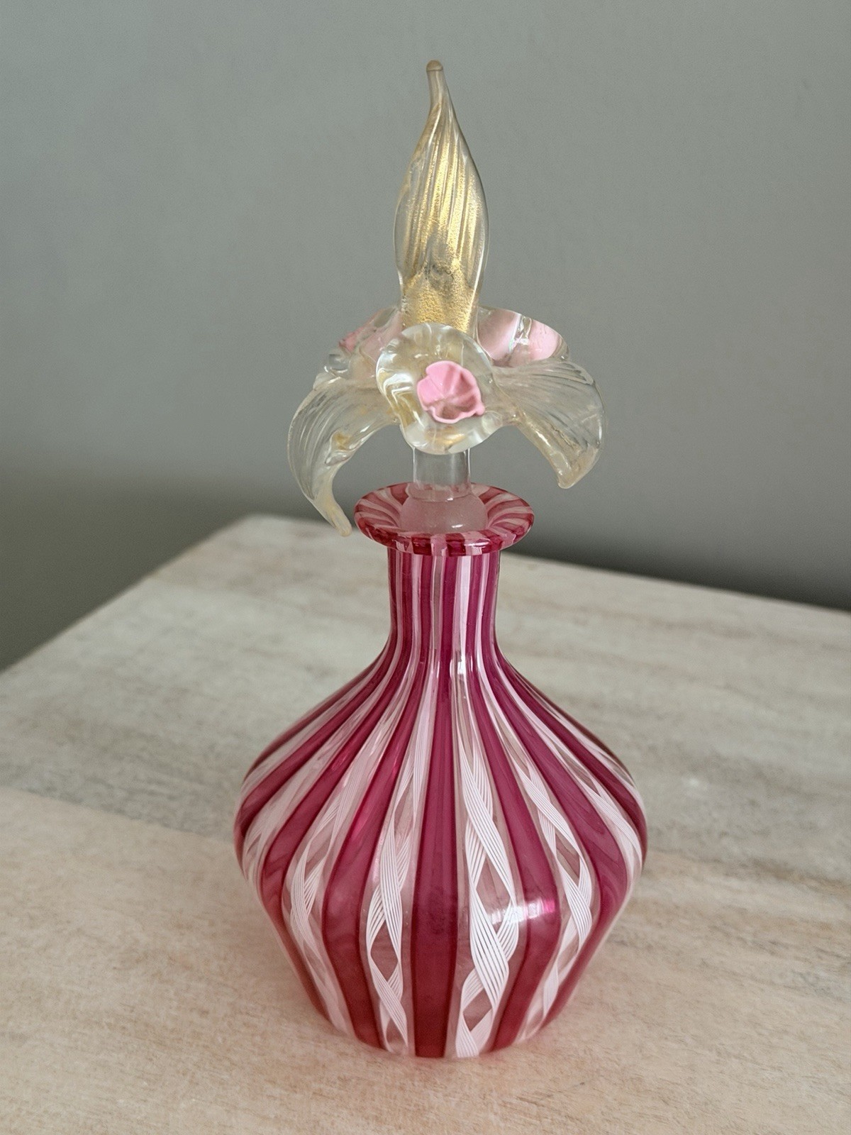 Murano Glass Perfume Bottle Zanfirico Pink White Latticino Ribbon