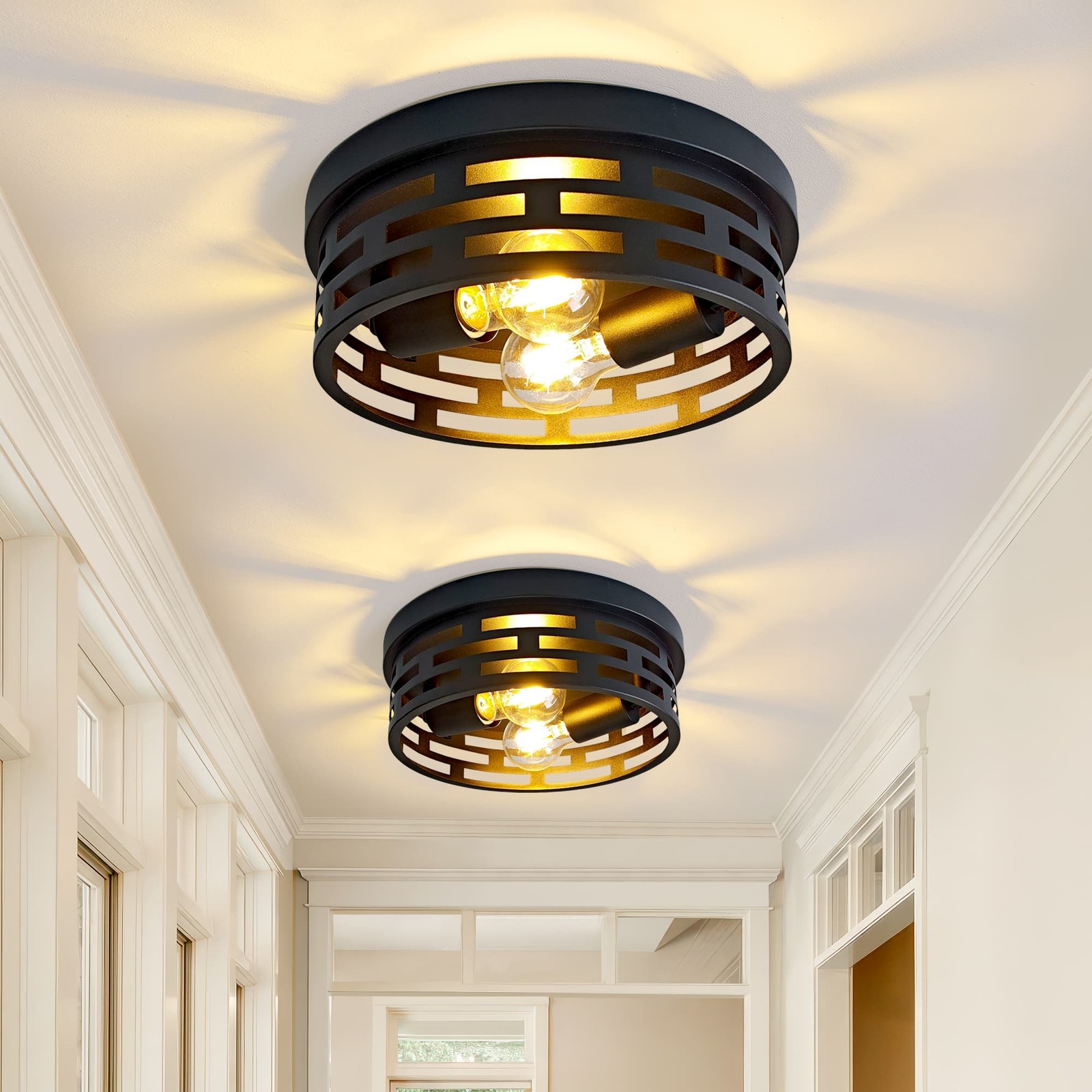 2-Pack 10.2″ Industrial Flush Mount Ceiling Light 2-Light Black Ceiling Fixture