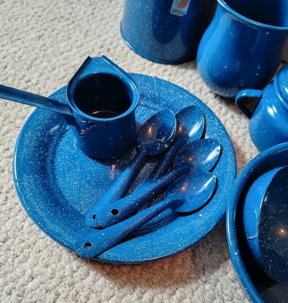 18 pc Vintage Blue and White Speckled Enamel Ware