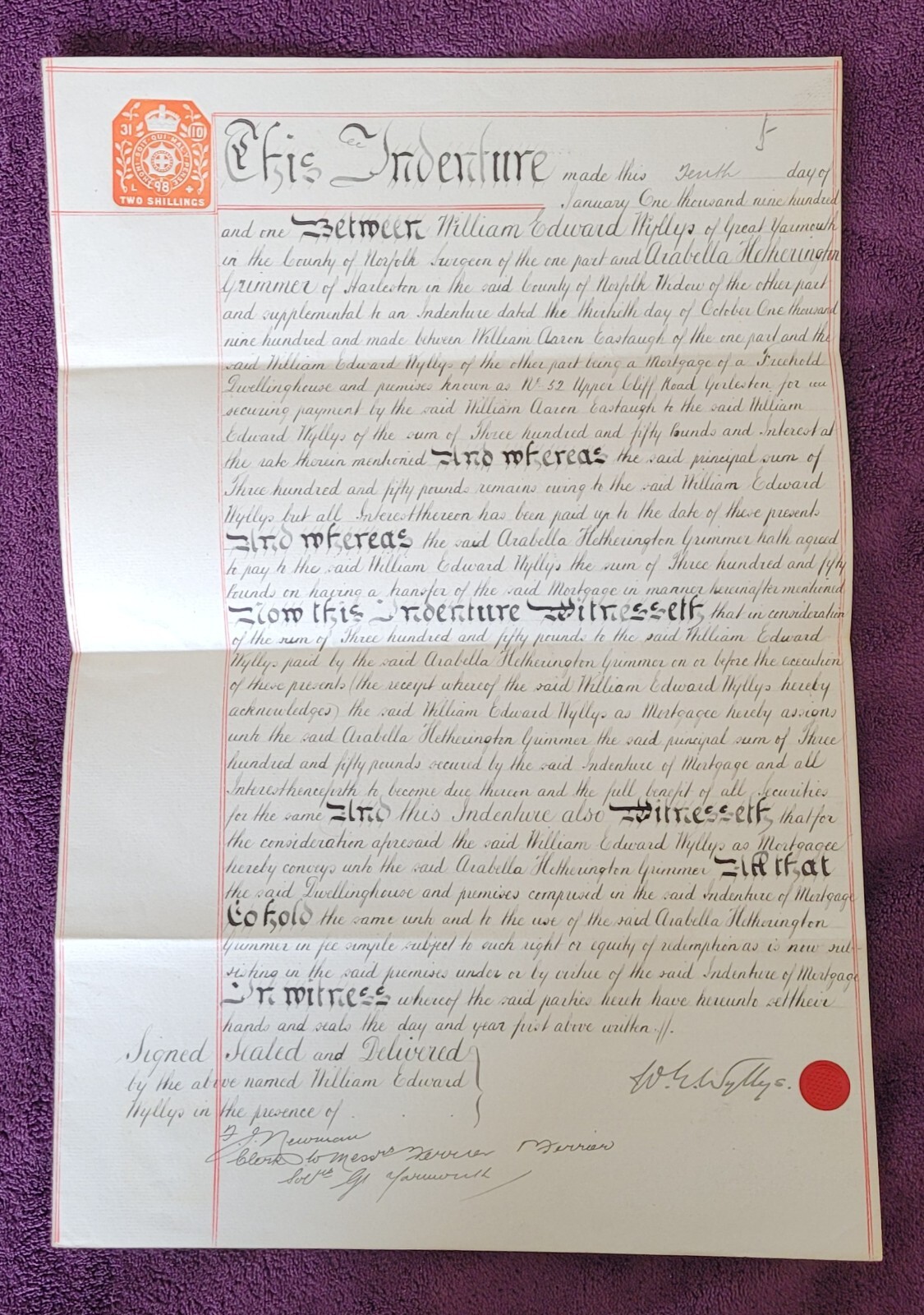 1901 Indenture W. Wyllys to A. Grimmer Re: Upper Cliff Rd, Gorlestone.