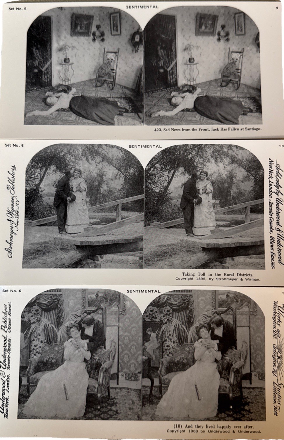 Lot of 3 Vintage Sentimental Stereoview Cards Romance Home War Scene 1978 Repro