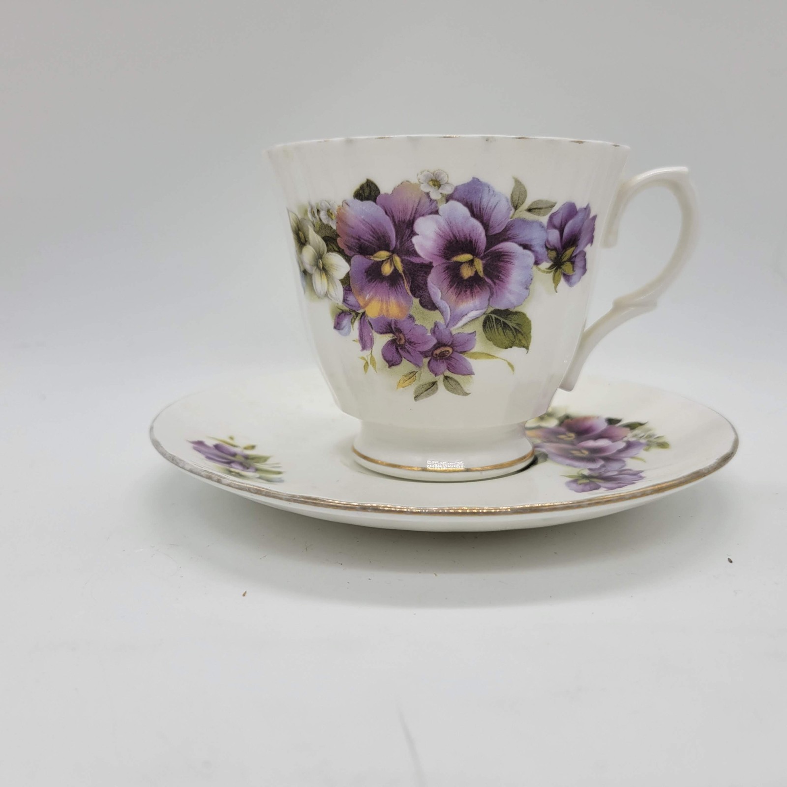 Duchess Cup Saucer White Purple Pansies Teacup Fine Bone China Gold Trim
