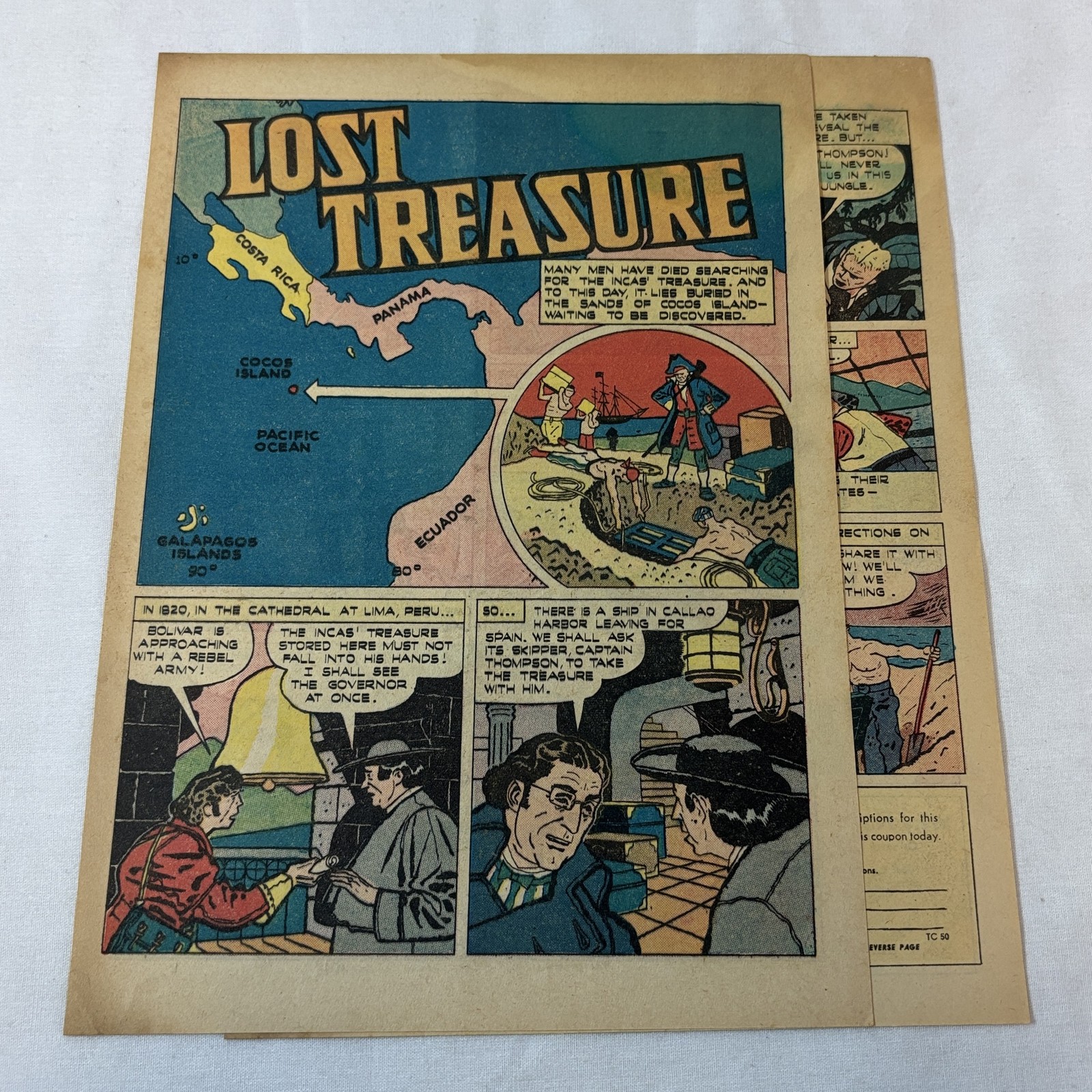 1946 four page cartoon story ~ COCOS ISLAND LOST INCAN TREASURE