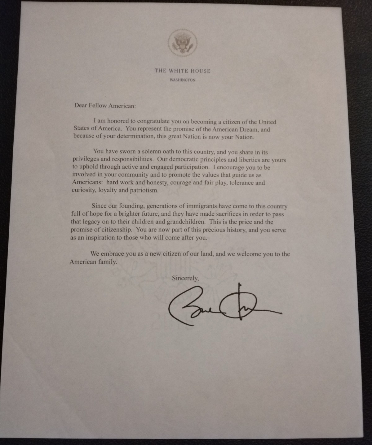 BARACK OBAMA Signed Official White House Issued 2016 Citizenship Congrats Letter
