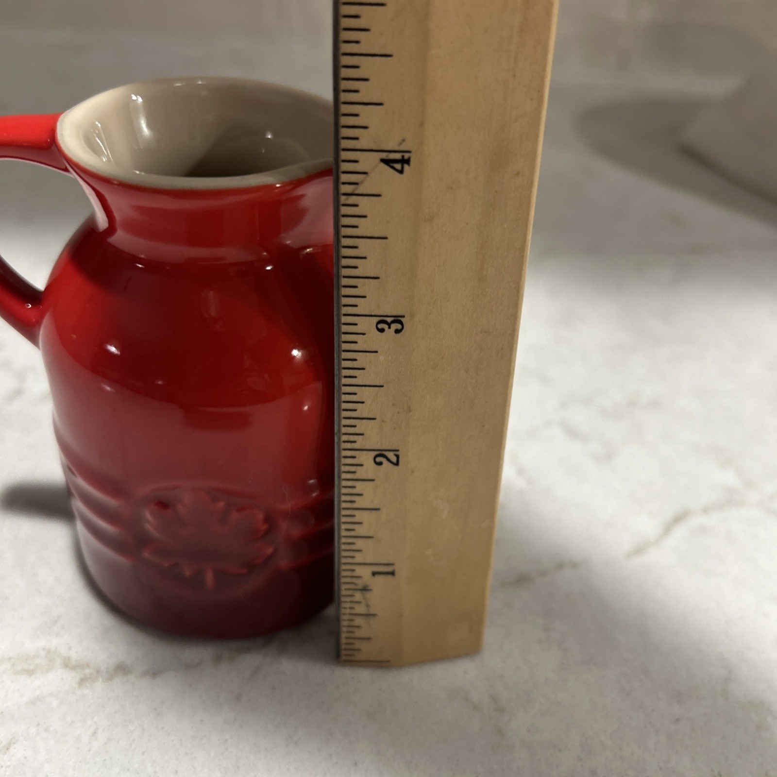 Le Creuset Stoneware Syrup Pitcher Vibrant Cerise Red Ombré Embossed Maple Leaf