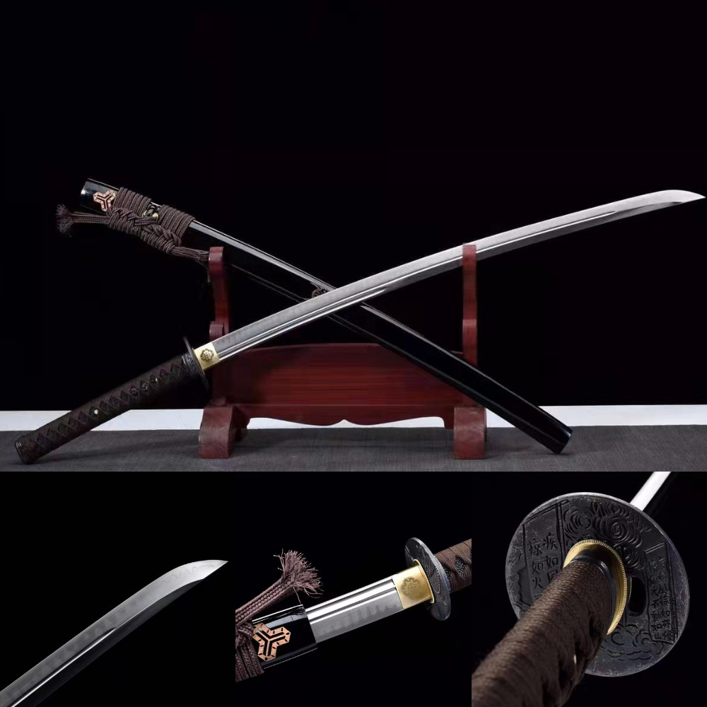 Black and brown Katana Clay Tempered T10 Steel battle ready with real hamon