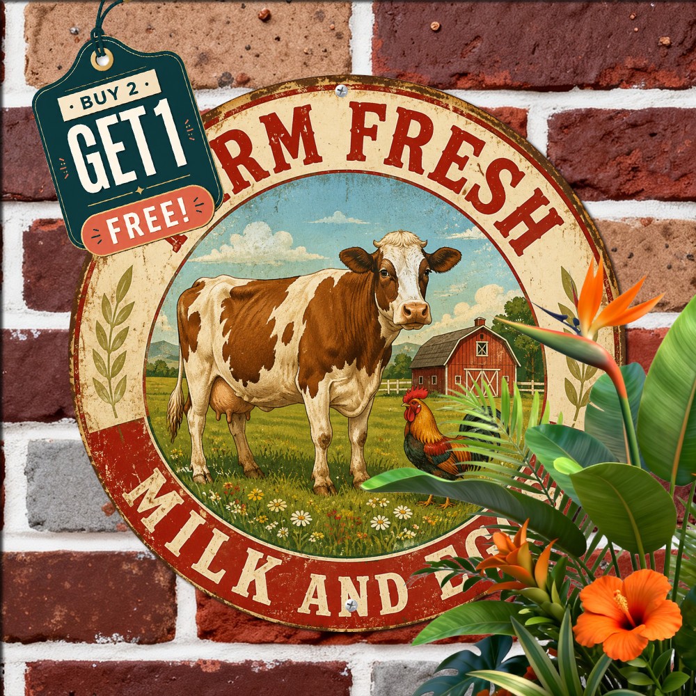 Farm Fresh Milk Eggs Daily Breakfast Dairy Cow Round Metal Tin Sign Wall Plaque