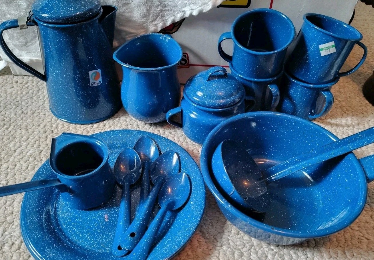 18 pc Vintage Blue and White Speckled Enamel Ware