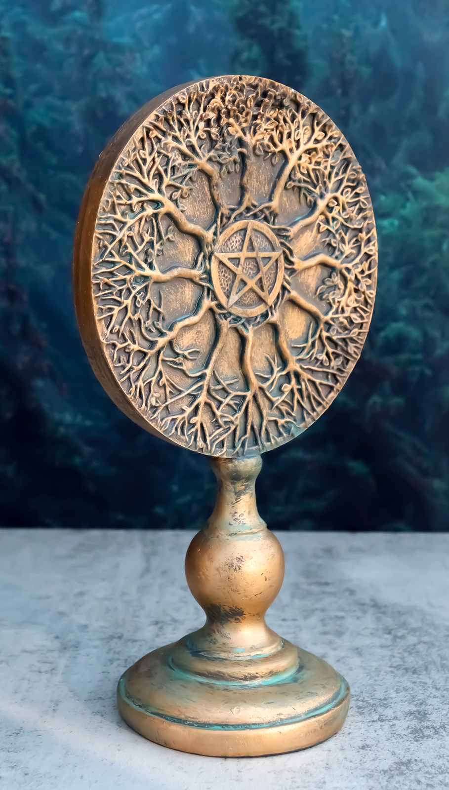 Wicca Spring Summer Fall Winter Trees Wheel of Life With Pentagram Figurine