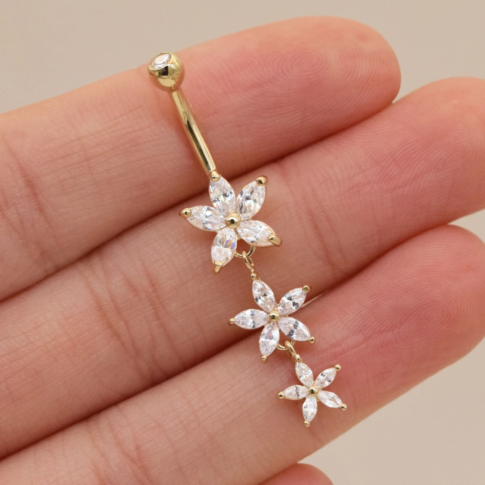 18K Yellow Gold Over Diamond Petals Dangle Flower Belly Button Ring Navel Curved
