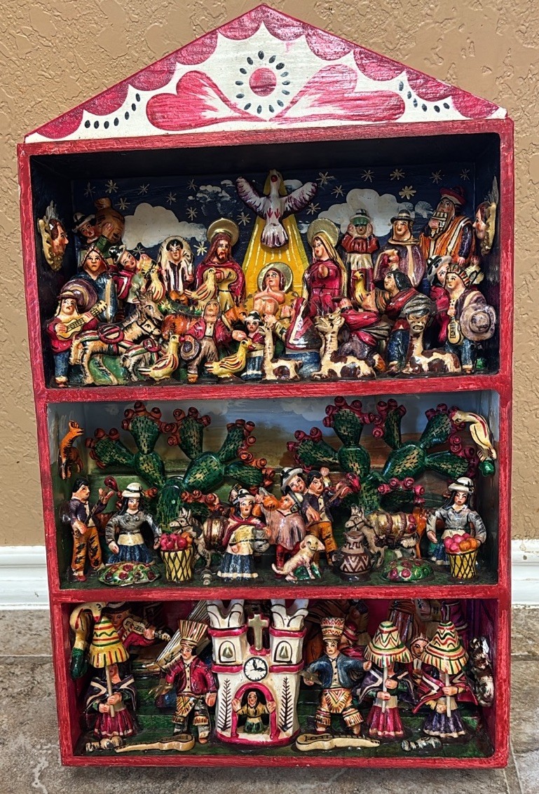 Folk Art Retablo Diorama Nativity 3 Shelf Layers 18.5” Peru