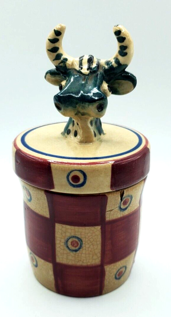 Vintage Ceramic Pottery Container With Lid Painted Cows Head Lid