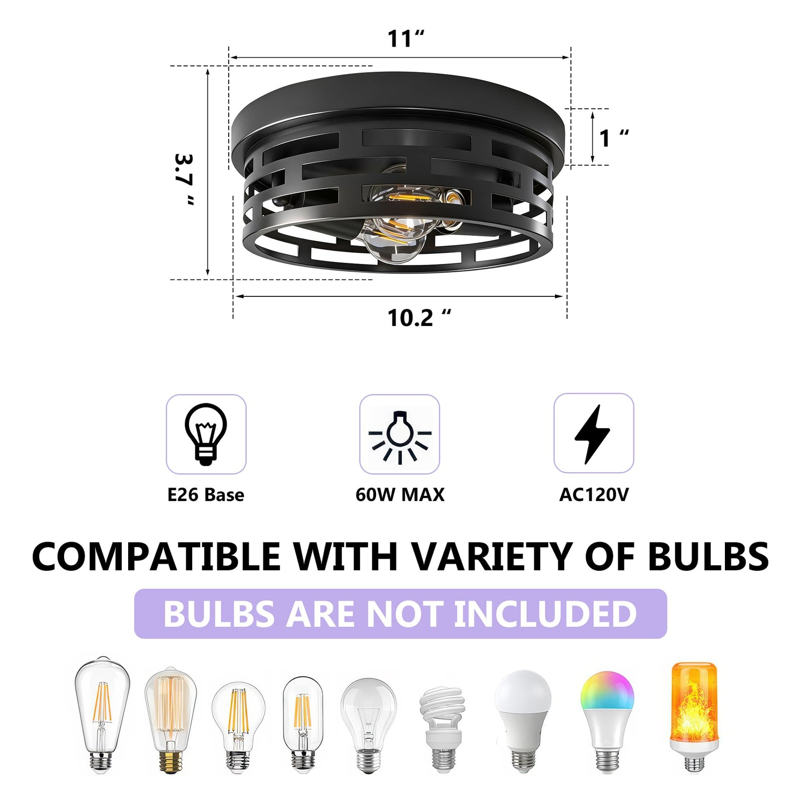 2-Pack 10.2″ Industrial Flush Mount Ceiling Light 2-Light Black Ceiling Fixture