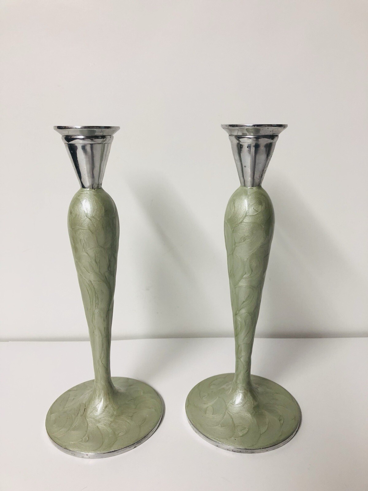 Epoxy Resin Sage Green & Silver Metal Candlestick Holders 10” India Rare Set