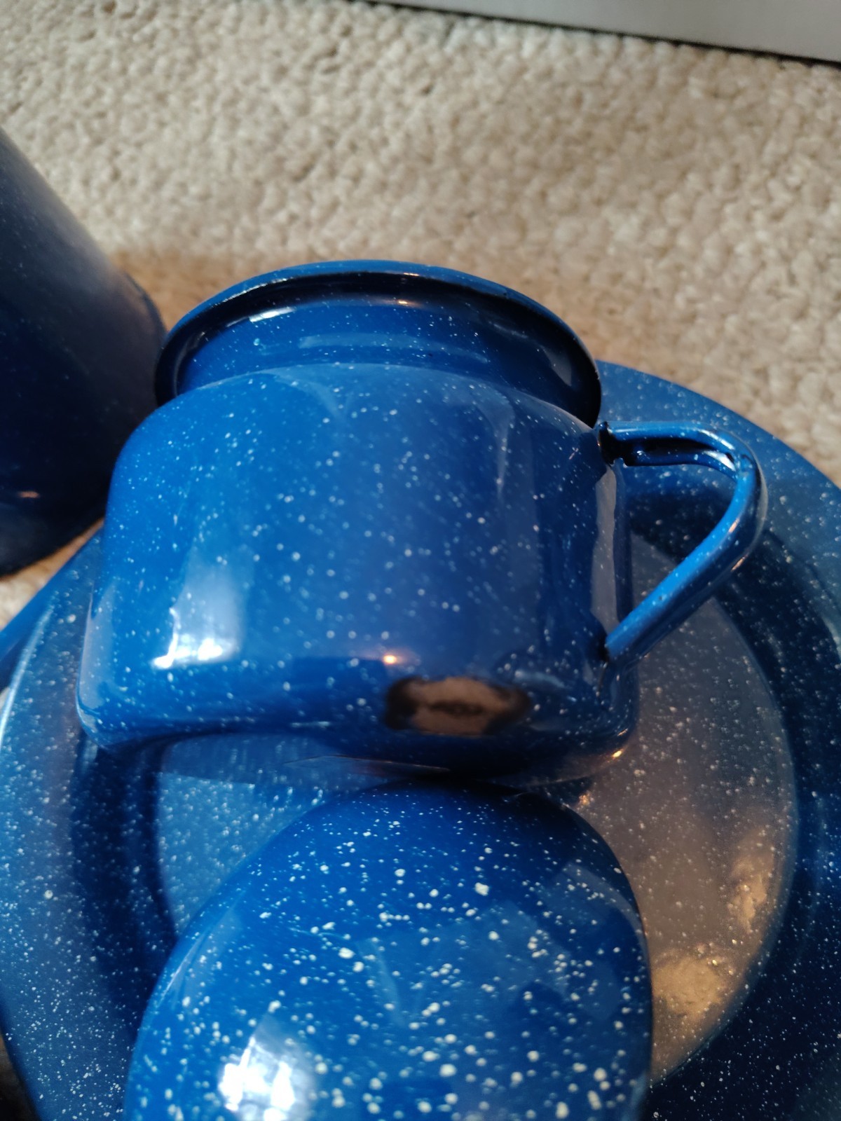 18 pc Vintage Blue and White Speckled Enamel Ware