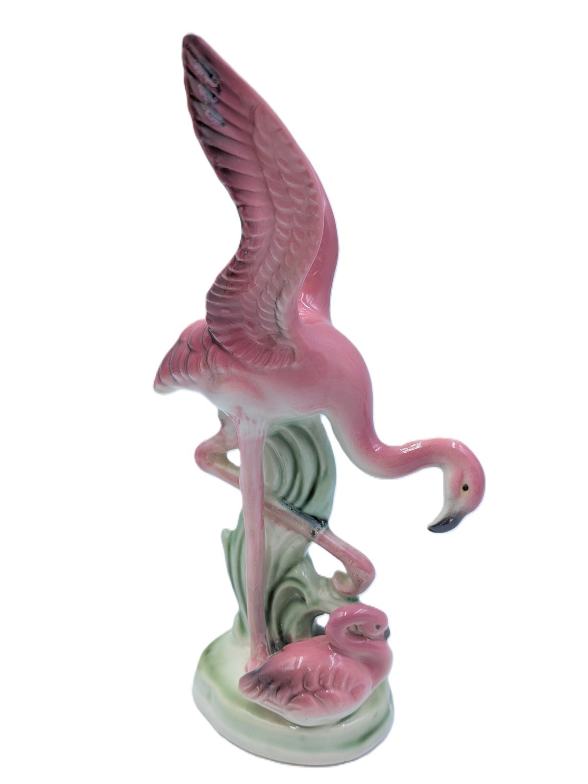 Vtg Lefton Porcelain Pink Flamingo Figurine 8″ w/baby Head Down Wings Up Sticker