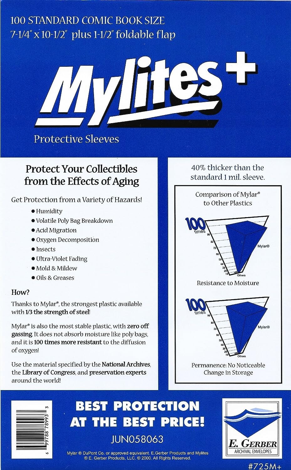 100 – E. Gerber Mylites+ Mylar Standard Size Comic Book Bags 725M+ 7 ¼ ” X 10 ½