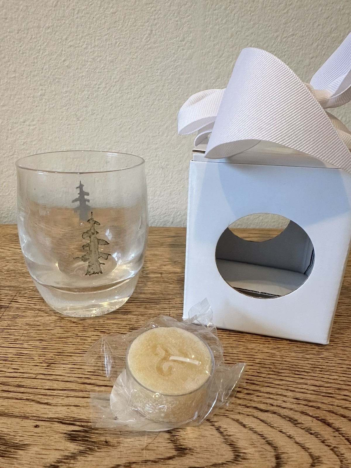 GLASSY BABY CANDLE VOTIVE HOLDER ETCHED TREES HOLIDAY