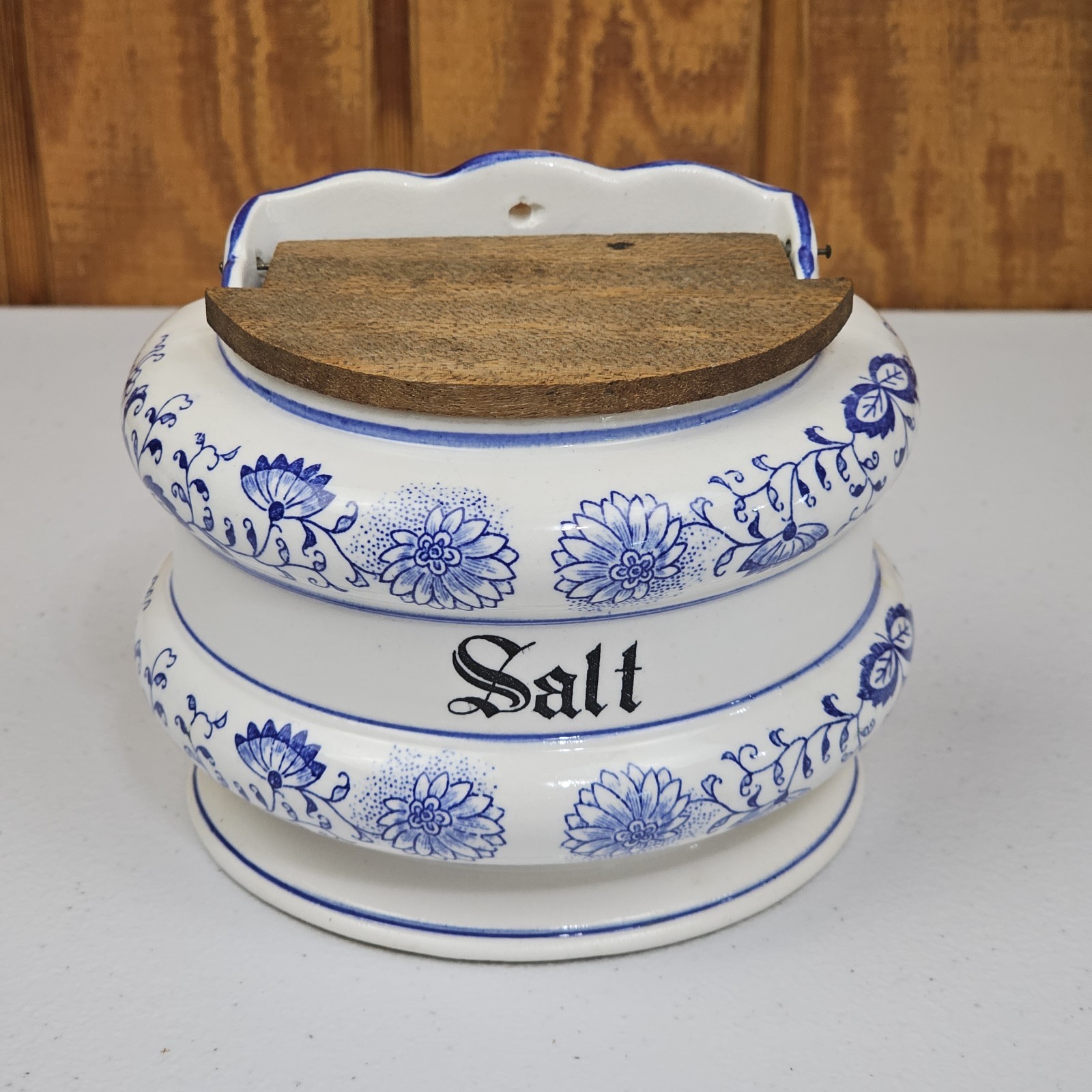 Vintage Blue Onion Salt Box Ceramic Blue & White Farmhouse Cottage Core Hanging