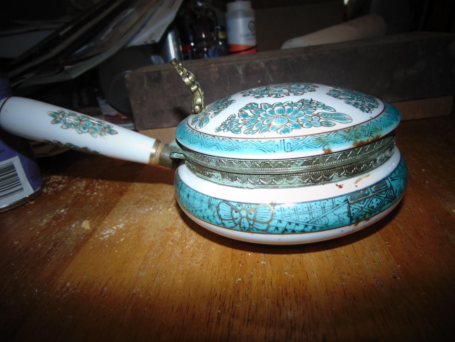 Vntg Decorative Saucepan / Handle & Attached Lid. Hand Painted. Maybe Japanese?